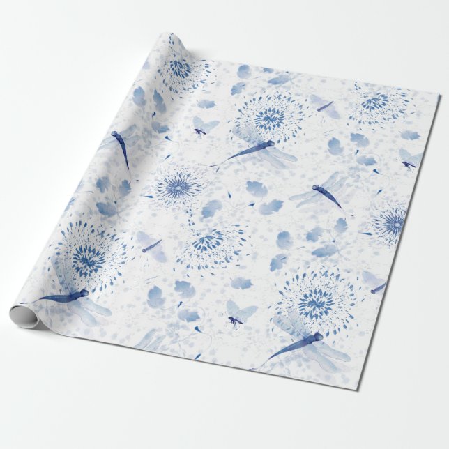 Papier Cadeau Flore de libellule de la Chinoiserie bleue (Déroulé)