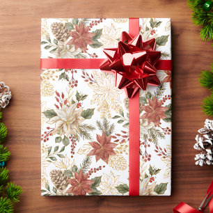 Papier Cadeau Flore de Noël Rouge Or