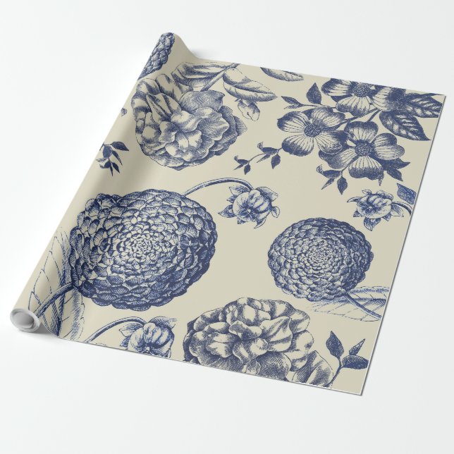 Papier Cadeau Flore d'impression florale de fleurs bleues antiqu (Déroulé)