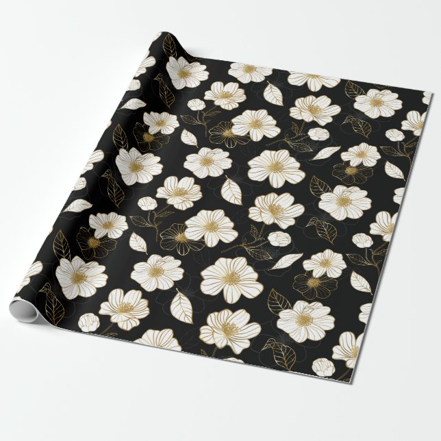 Papier Cadeau Flore d'or blanc sur noir (Déroulé)