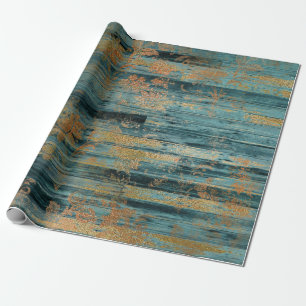 Papier Cadeau Flore d'or et bois rustique bleu