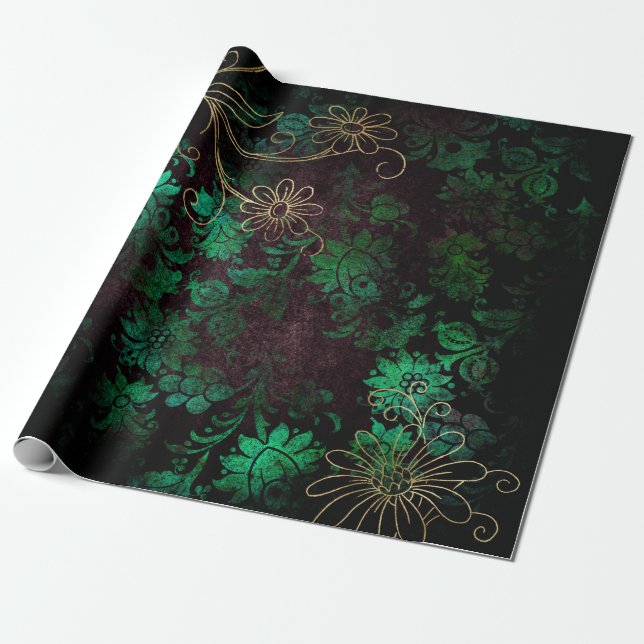 Papier Cadeau Flore dorée et verte (Déroulé)