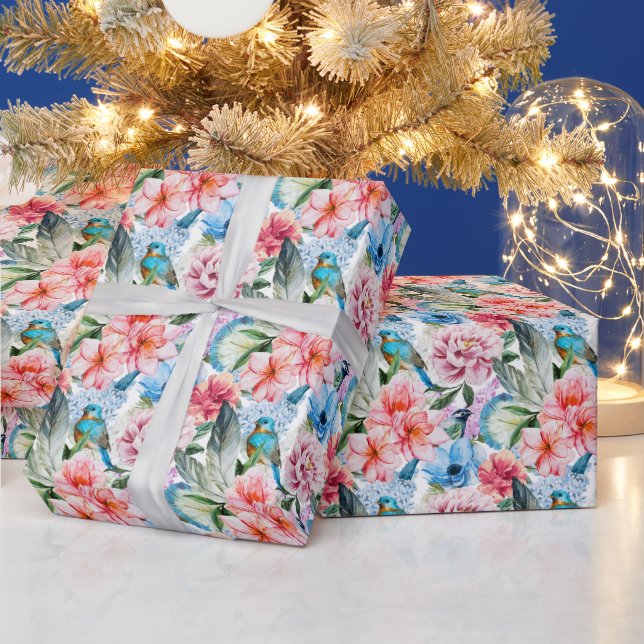 Papier Cadeau Flore Fleurs de feuillage Vert Bleu (Vacances)