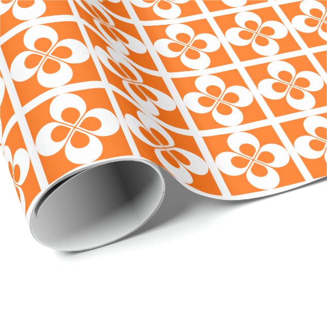 Papier Cadeau Flore géométrique blanche sur orange (Coin rond)