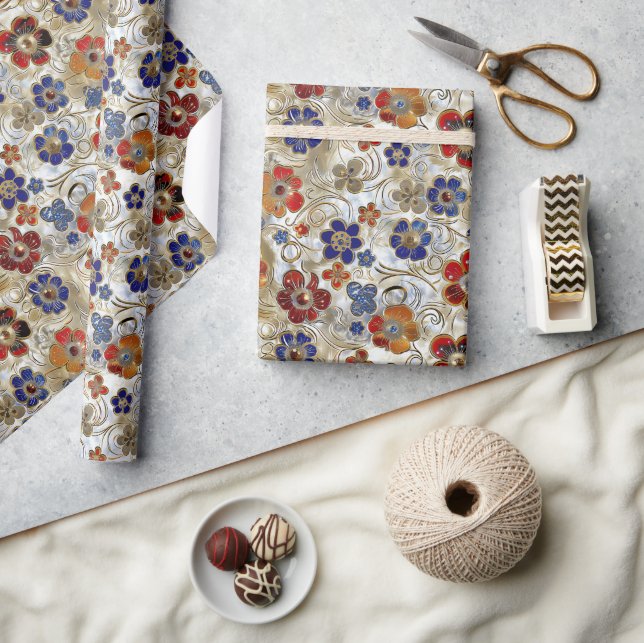 Papier Cadeau Flore métallique 3D aux couleurs or et gras (Artisanat)