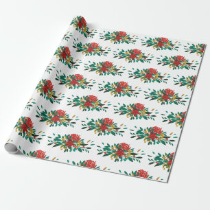 Papier Cadeau Flore moderne rouge vert et or Noël
