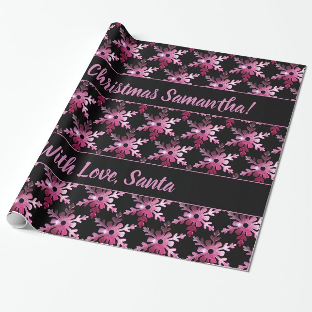 Papier Cadeau Flore moderne Snowflakes Motif noir rouge rose (Déroulé)