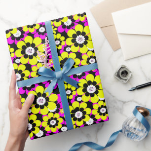 Papier Cadeau Flore néon brillant motif crammson et flux jaune