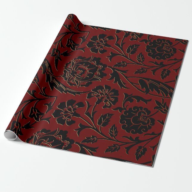 Papier Cadeau Flore profonde rouge et noire (Déroulé)