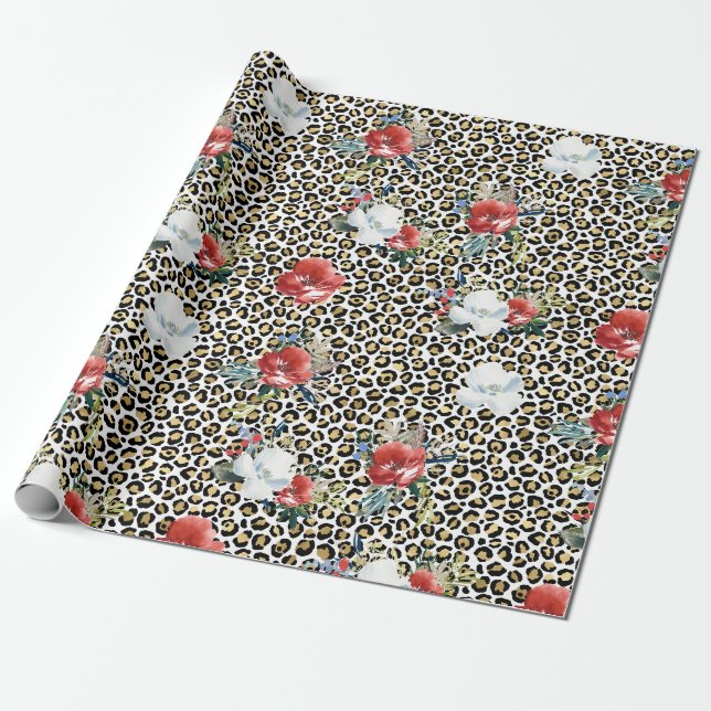 Papier Cadeau Flore rouge blanc Empreinte de léopard d'or (Déroulé)