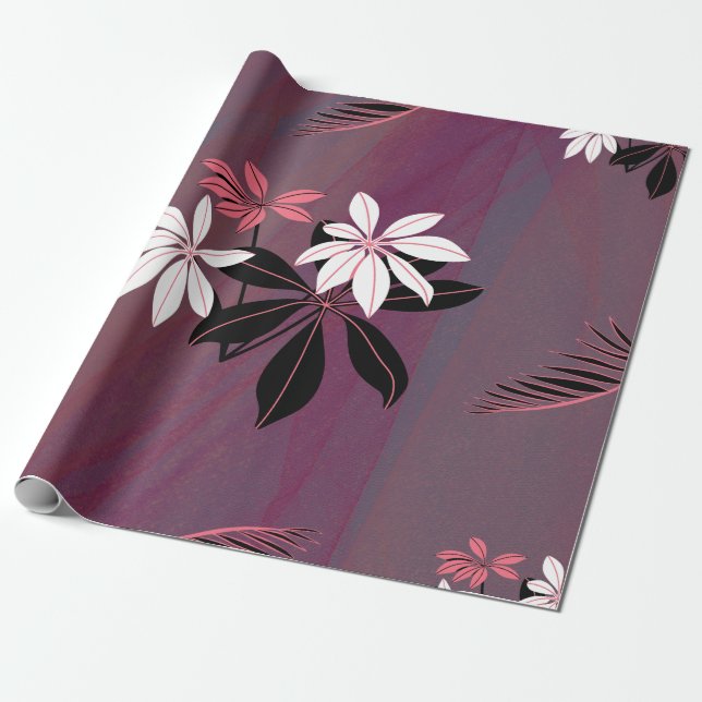 Papier Cadeau Flore tropicale rose blanche et noire (Déroulé)
