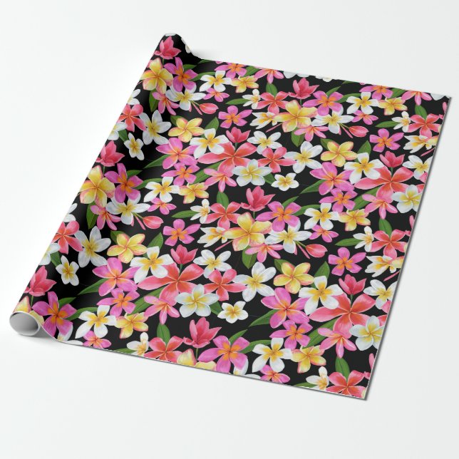 Papier Cadeau Flore tropicale sur noir (Déroulé)
