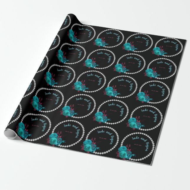 Papier Cadeau Flore Turquoise et Mauve Elegant Rhinestone (Déroulé)