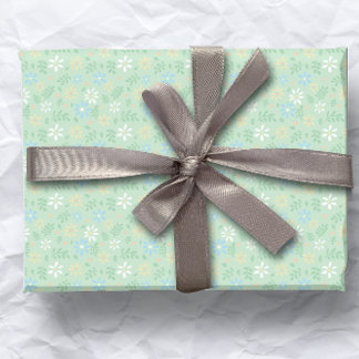 Papier Cadeau Flore verte douce avec Fleurs Bleues Jaunes Blance