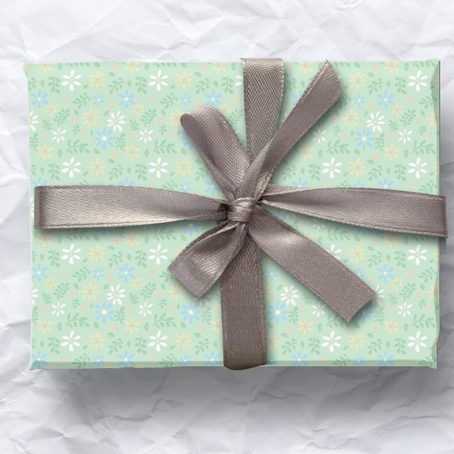 Papier Cadeau Flore verte douce avec Fleurs Bleues Jaunes Blance (Créateur téléchargé)