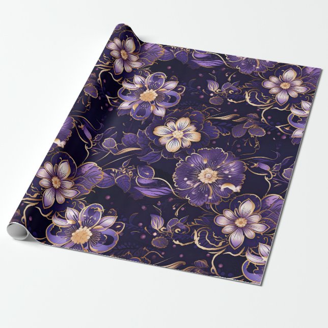 Papier Cadeau Flore violet foncé et or Faux (Déroulé)