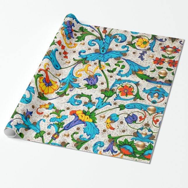 PAPIER CADEAU FLORENTINE RENAISSANCE BLEU FLORAL SWIRLS, FLEURS (Déroulé)