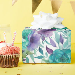 Papier Cadeau Flores d'aquarelle bleu Rose pourpre