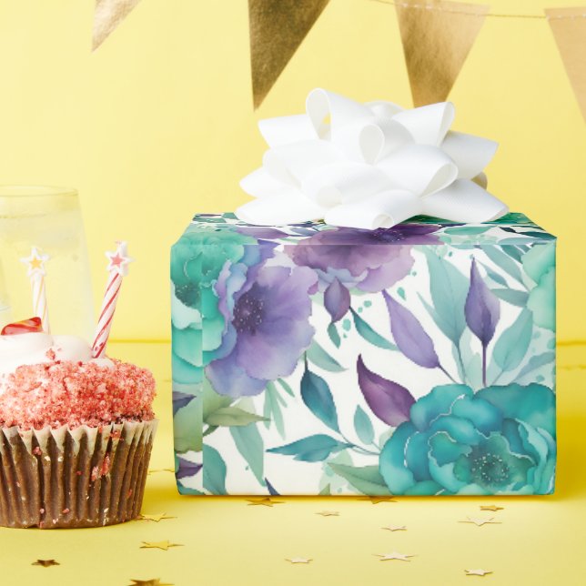 Papier Cadeau Flores d'aquarelle bleu Rose pourpre (Fête d'anniversaire)