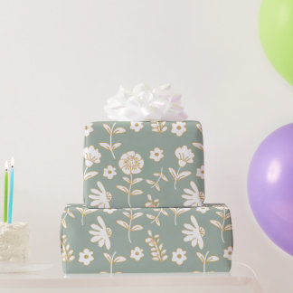 Papier Cadeau flores ocres en fondo verde aesthetic