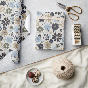 Papier Cadeau Flux De Tan Bleu Contour Floral