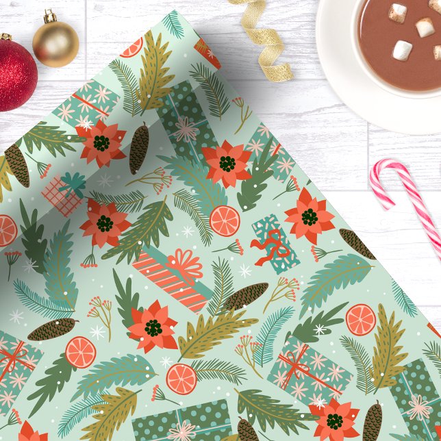 Papier Cadeau Foliage de Noël Poinsettia Monnaie Botanique (Créateur téléchargé)
