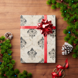 Papier Cadeau Fond beige damassé noir en détresse vintage