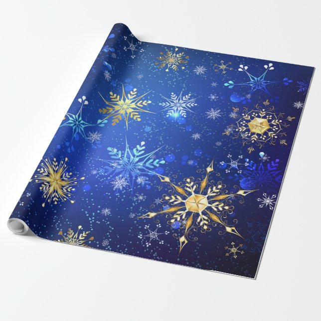 Papier Cadeau Fond bleu XMAS avec flocons de neige dorés (Déroulé)