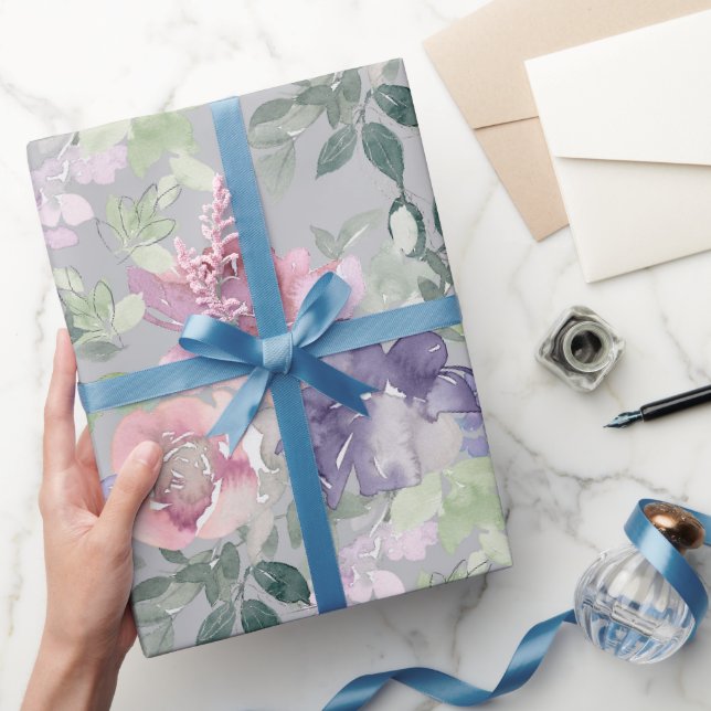 Papier Cadeau Fond gris floral violet rose (Cadeaux)