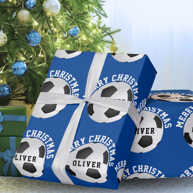 Papier Cadeau Football Balls Enfants Nom Bleu Noël (Créateur téléchargé)