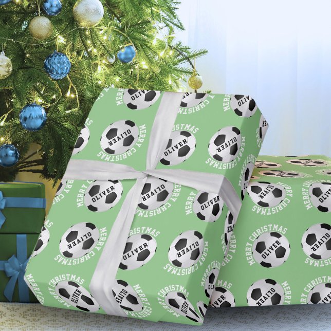 Papier Cadeau Football Balls Enfants Nom Vert Noël (Créateur téléchargé)