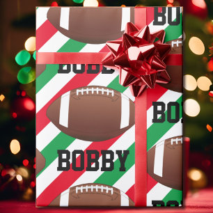 Papier Cadeau Football Noël Ajouter le nom Bande rouge & vert