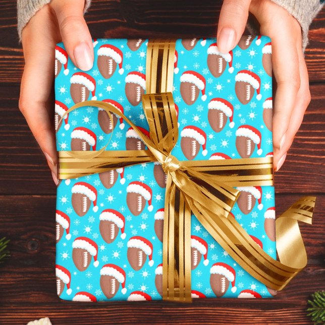 Papier Cadeau Footballs Père Noël Casquette & Snowflakes Aqua (Créateur téléchargé)
