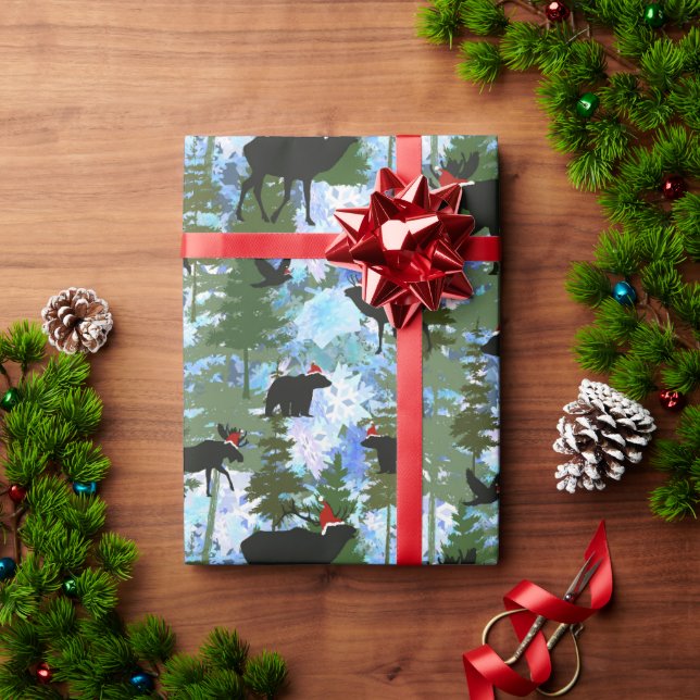 Papier Cadeau Forest Animals in Santa Hats (Cadeau de vacances)