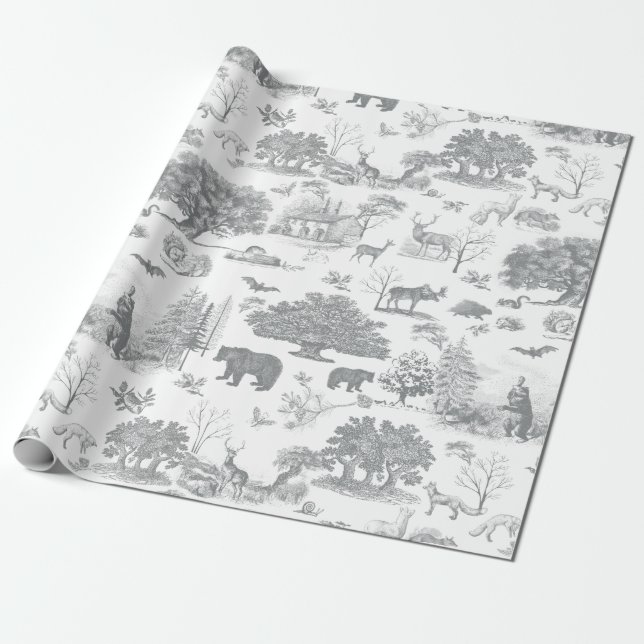 Papier Cadeau Forêt Bois Ours Oie Gris Blanc Toile (Déroulé)