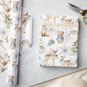 Papier Cadeau Forêt boisée Animaux Noël bleu