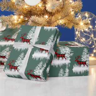 Papier Cadeau Forêt de bois neigeux Bison rouge vert Plaid Deer
