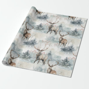 Papier Cadeau Forêt de cerfs aquarelle d'hiver (4)