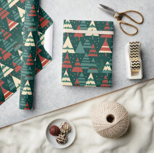 Papier Cadeau Forêt de sapins de Noël rouges verts Cadeau