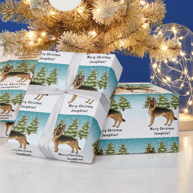 Papier Cadeau Forêt D'Hiver De Chien Noir Et Tan Allemand (Vacances)