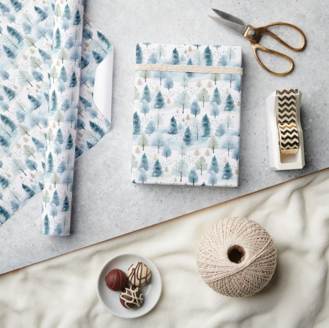 Papier Cadeau Forêt d'hiver douce pastel bleu et vert (Artisanat)