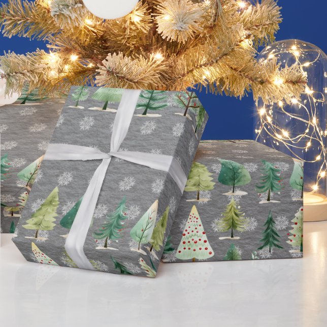 Papier Cadeau Forêt élégante des arbres de Noël sur gris acier (Vacances)