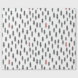 Papier Cadeau Forêt hivernale de pins simple en noir rouge blanc