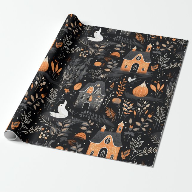 Papier Cadeau Forêt nocturne du village d'Halloween (Déroulé)