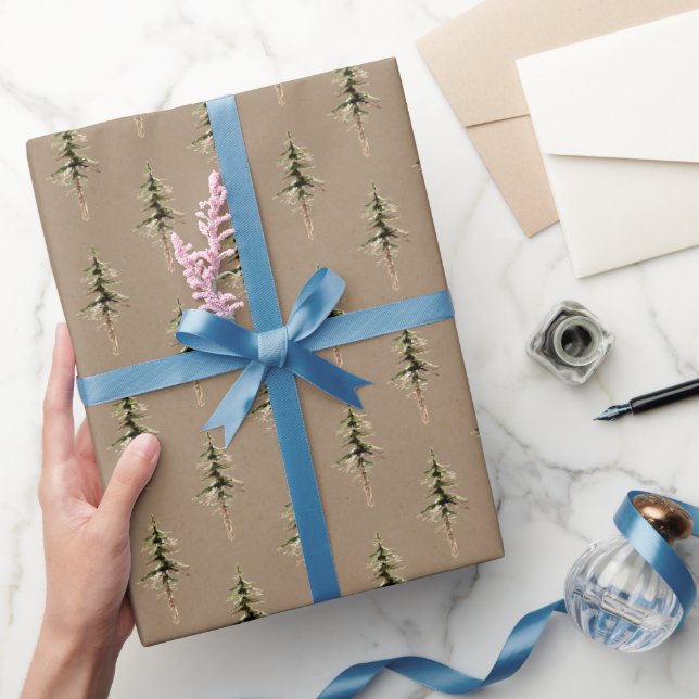 Papier Cadeau Forêt rustique Kraft Bois arbres de Noël verts (Cadeaux)