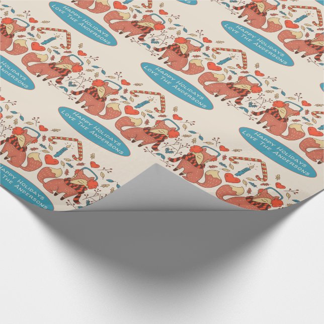 Papier Cadeau Forêt scandinave FOXES Hiver Noël Art populaire (Coin)