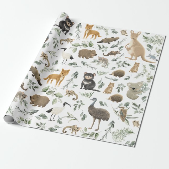 Papier Cadeau Forêt verdoyante Animaux australiens Nouvel annive (Déroulé)
