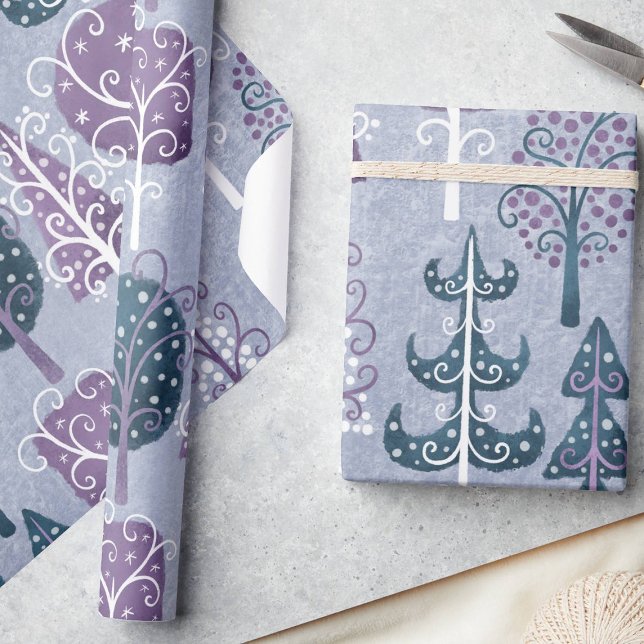 Papier Cadeau Forêt Whimsical mignonne Arbre de Noël pourpre (Créateur téléchargé)