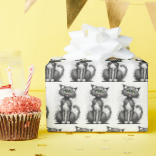 Papier Cadeau Fou Feline sur Blanc