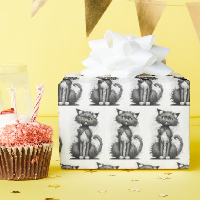 Papier Cadeau Fou Feline sur Blanc (Fête d'anniversaire)